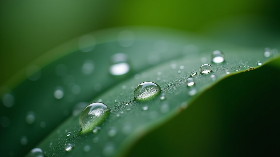 Close-up view of dew drops on a green leaf