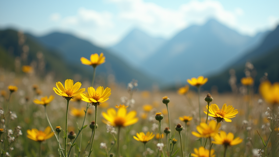Eye-level view of wildflowers with mountain range in the background