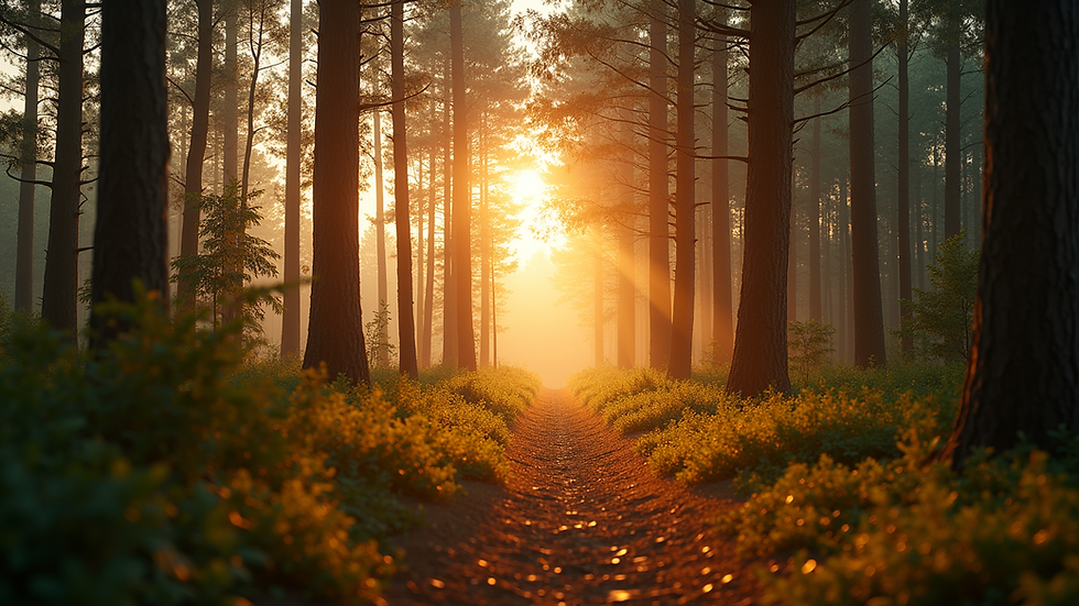 Eye-level view of a framed digital nature photograph of a golden hour forest scene
