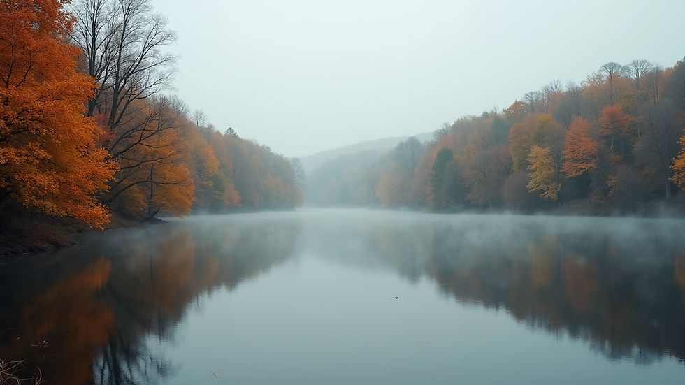 Eye-level view of a calm lake reflecting autumn trees