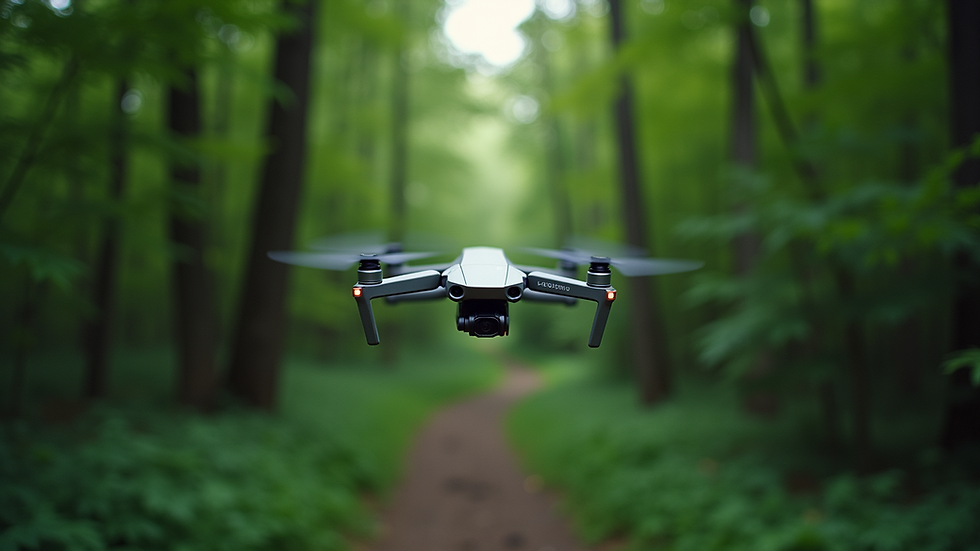 Eye-level view of a drone flying over a lush green forest