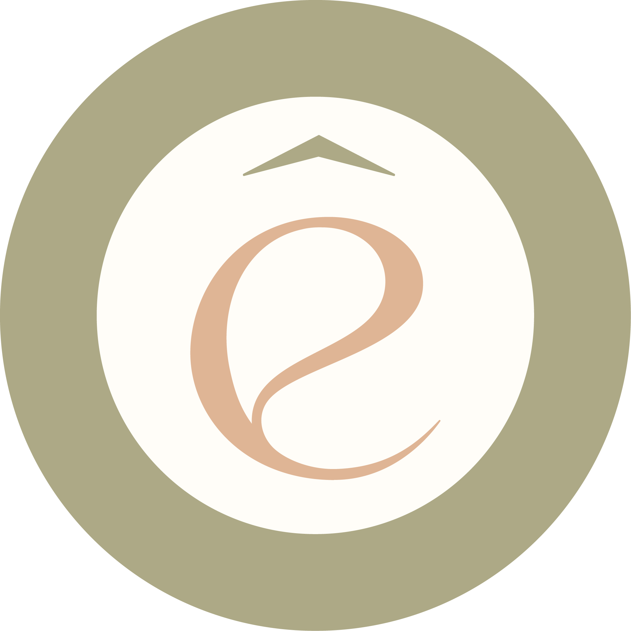 Logo reduzido da clínica. Trata-se de um círculo bege com a letra ê em laranja no centro. O acento circunflexo é verde.