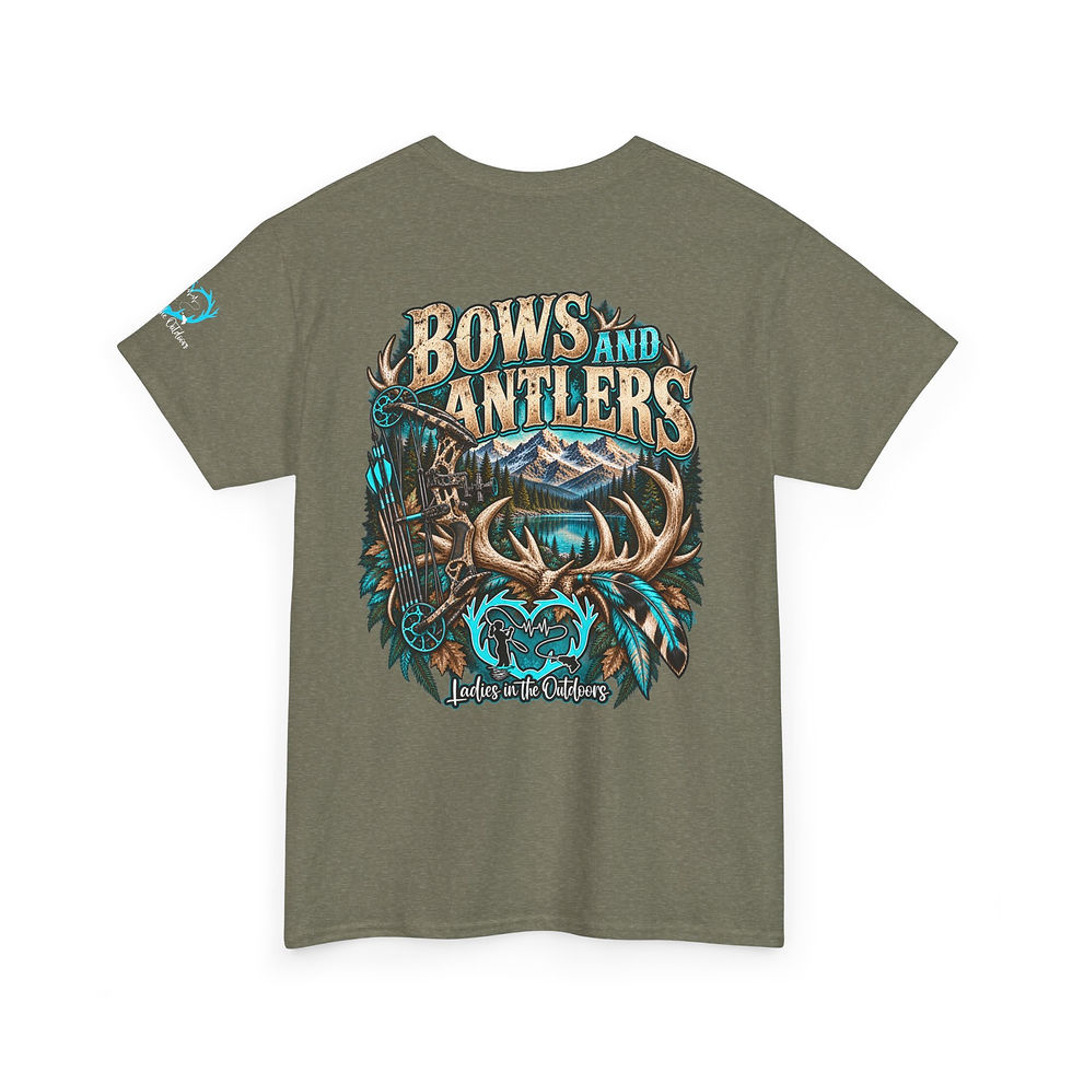 Thumbnail: Ladies In The Outdoors Bows & Antlers hunting tee featuring a deer antler and bow graphic.