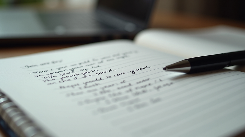 Close-up view of an open notebook with handwritten notes and a pen