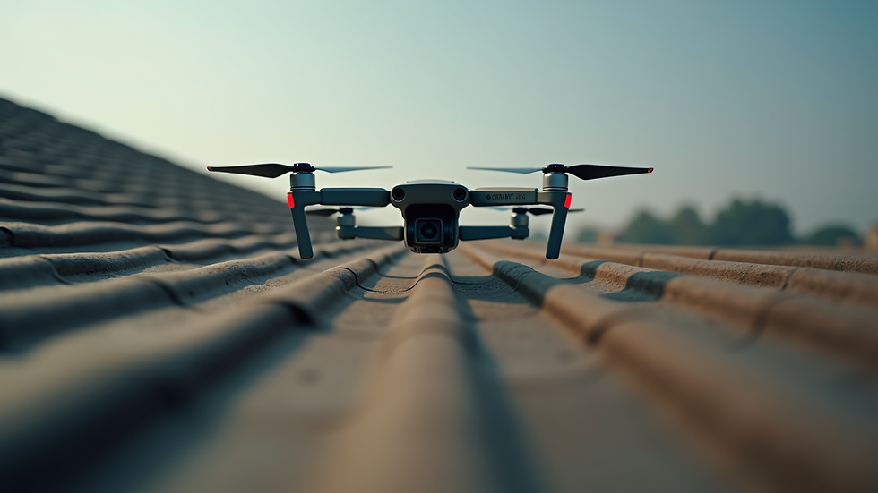 Close-up view of a drone's camera capturing roofing details