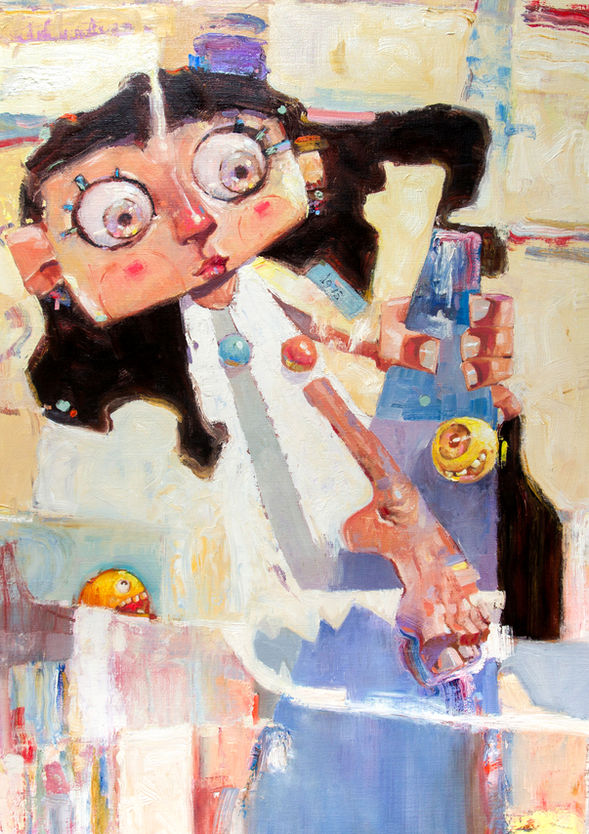 Whimsical abstract digital art of two wide-eyed characters in a colorful scene, featuring fragmented backgrounds and playful brushstrokes — surreal storytelling artwork for creative projects and modern galleries.