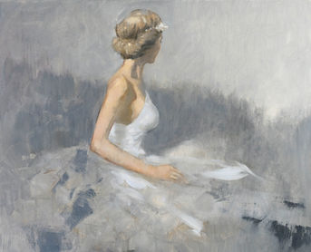 Dreamy impressionist oil painting of a ballerina in a white gown seated in a misty, ethereal setting — romantic fine art for wedding inspiration and emotional visual storytelling.