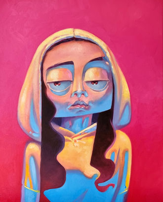 Vibrant abstract digital artwork of a futuristic female figure (Monalisa) with pink skin, green hair, and floating shapes, holding a heart-shaped object — contemporary surreal portrait for digital art collectors.