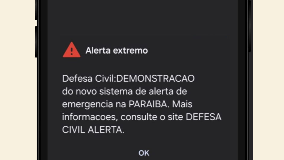 A imagem exibe uma mensagem de "Alerta extremo" da Defesa Civil, informando sobre uma DEMONSTRAÇÃO do novo sistema de alerta de emergência na Paraíba.