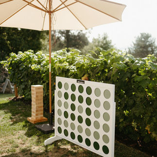 wedding lawn game rental in Penticton, giant 4 connect, giant jenga, with Okanagan vineyard views in background