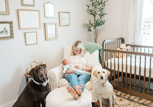Emily holding newborn James in his nursery with her two dogs while James is sleeping