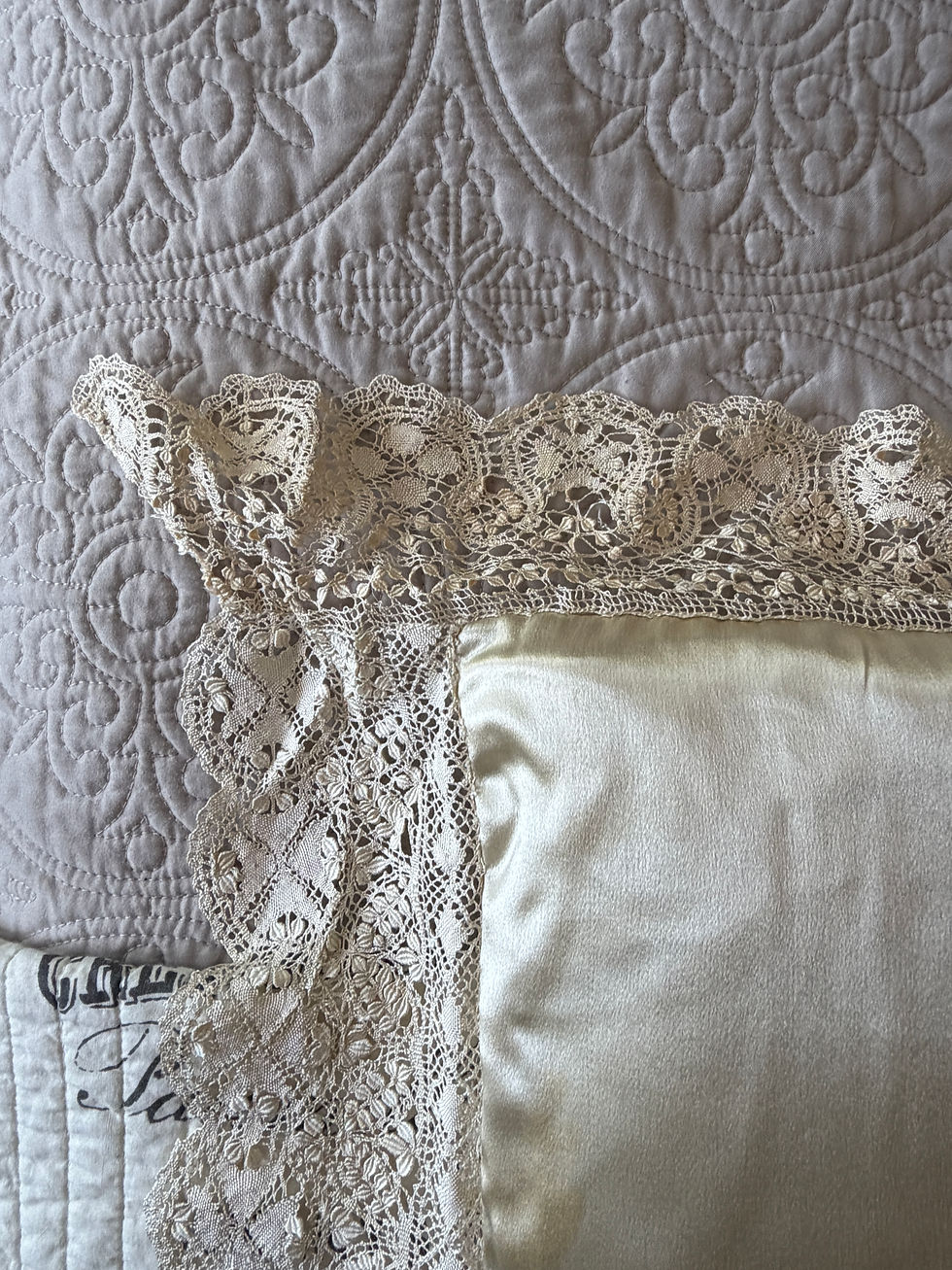 Thumbnail: 1900's Oversized Cream Maltese Lace Over Ivory Silk Satin Boudoir Pillow