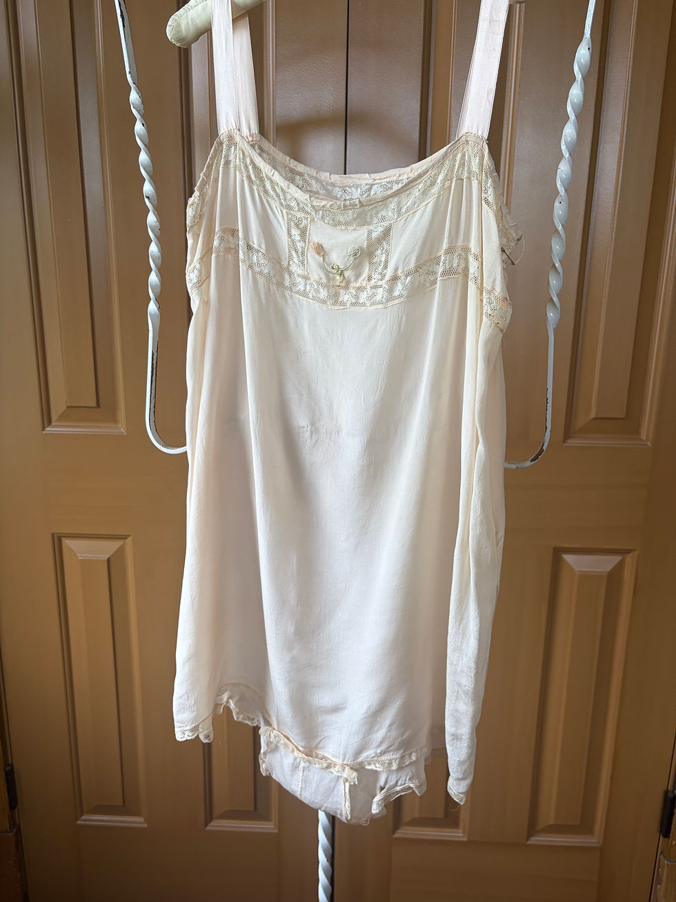 Thumbnail: 1920's Silk and Lace Step In with Ribbon Work Applique and Silk Straps