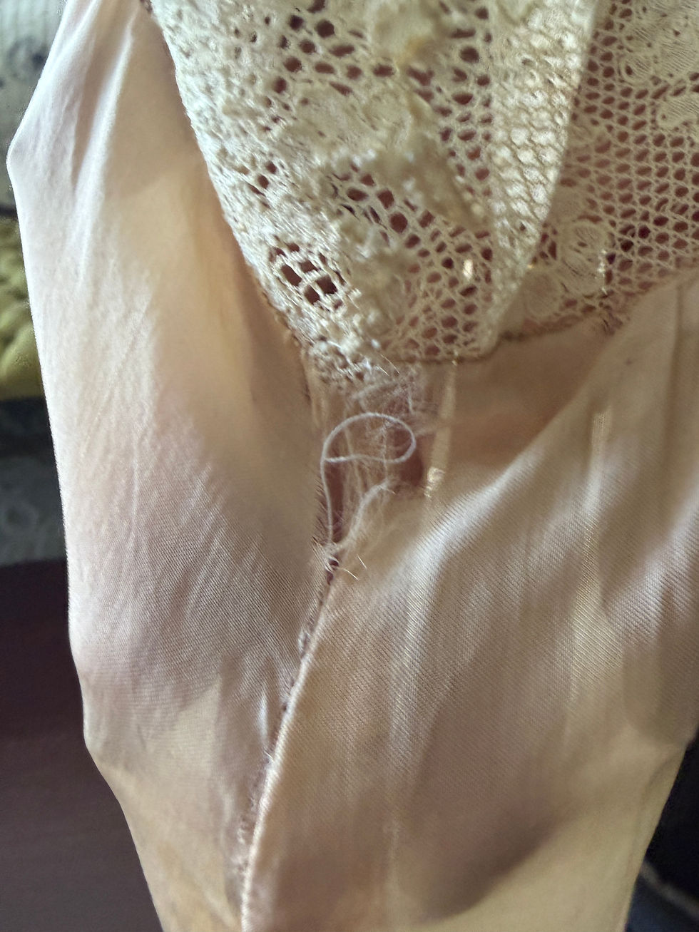 Thumbnail: SOLD 1920's Silk Lace and Embroidered Step In with Antique Floral Applique