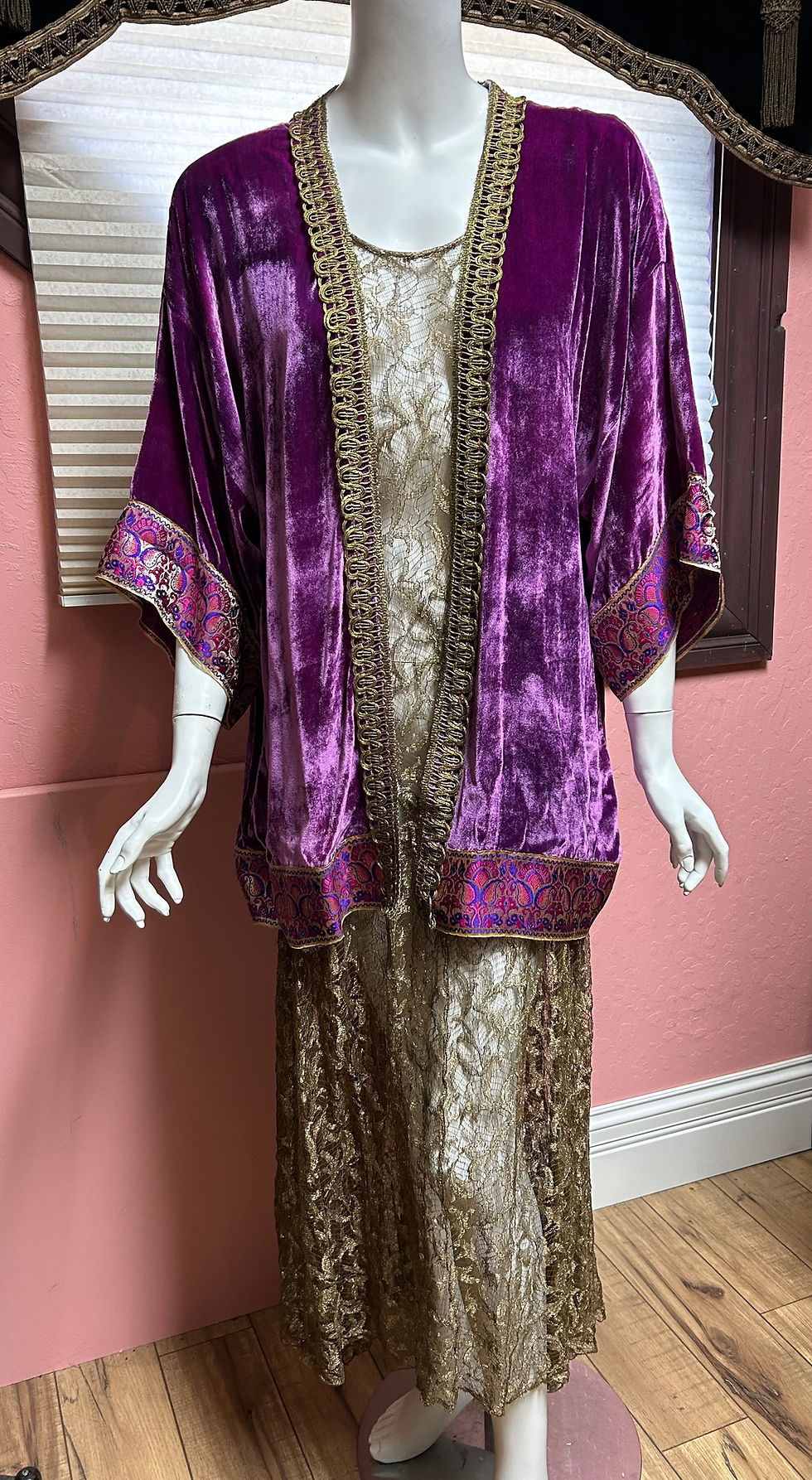 Thumbnail: Violet Silk Velvet Jacket/Robe with Metallic Braid and Ethnic Cuffs
