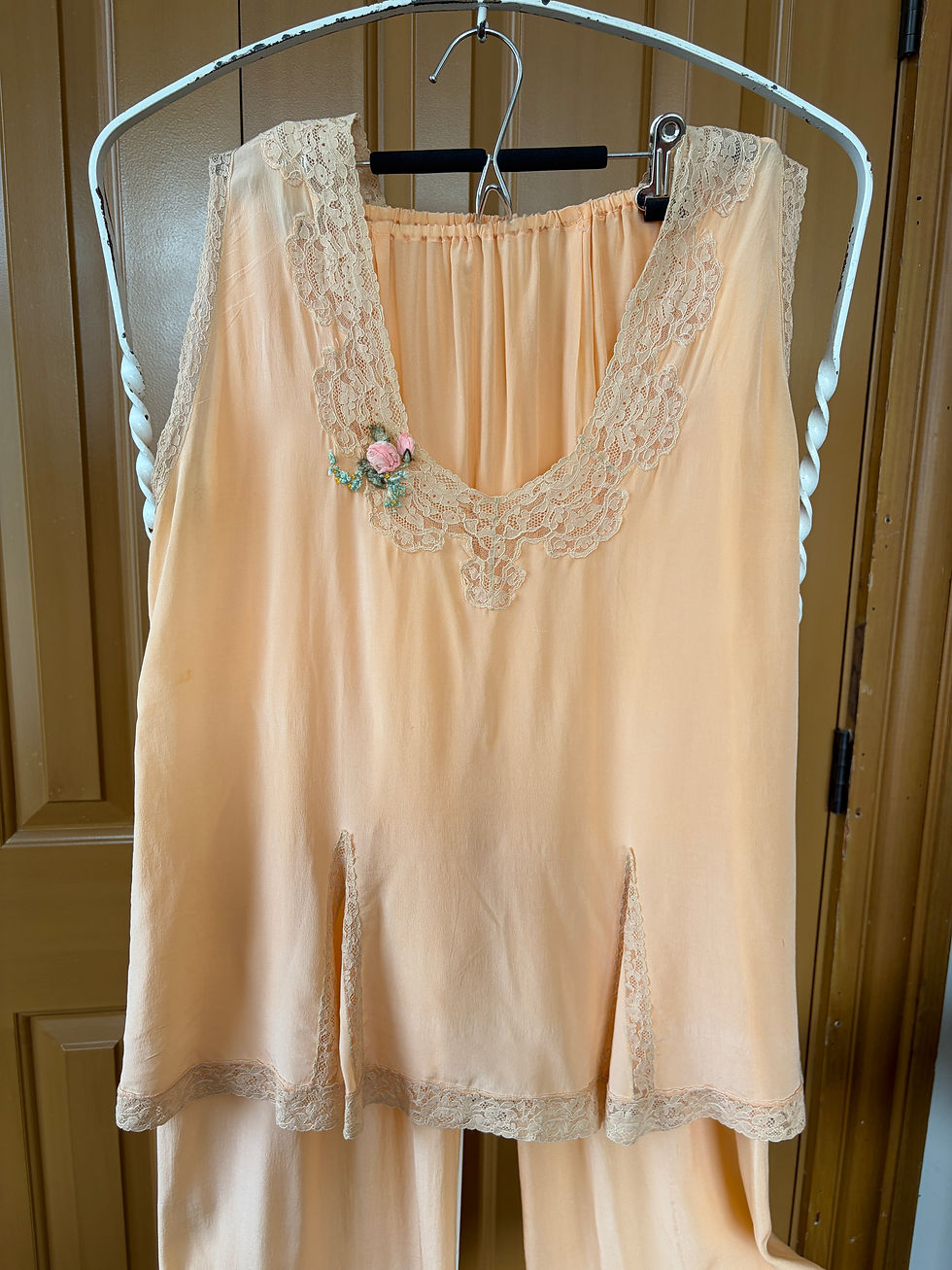 Thumbnail: SOLD 1920s Early 30's Peach Silk Lounge Set w. Alencon Lace & Antique Ribbonwork