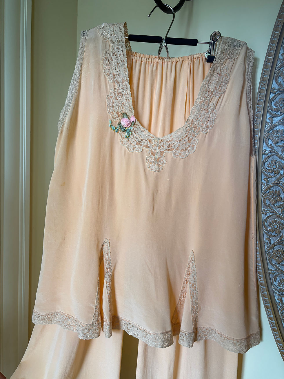 Thumbnail: SOLD 1920s Early 30's Peach Silk Lounge Set w. Alencon Lace & Antique Ribbonwork