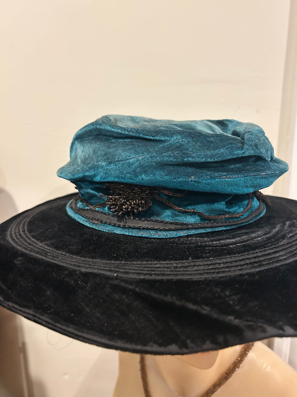 Thumbnail: SOLD Edwardian Teal Velvet Hat with Metallic Gold Floral Trim