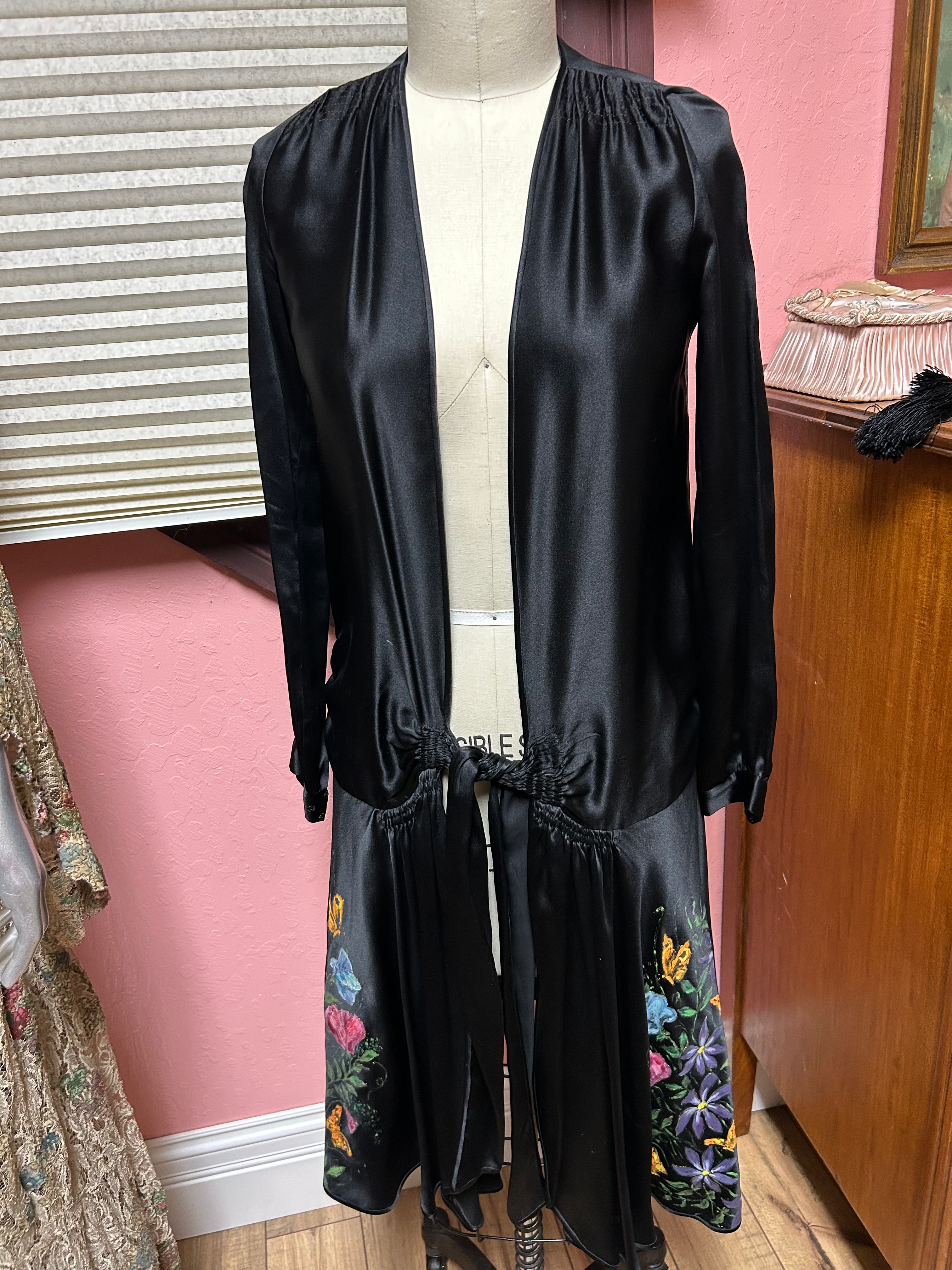 1920's Handpainted Silk Satin Coat Dress