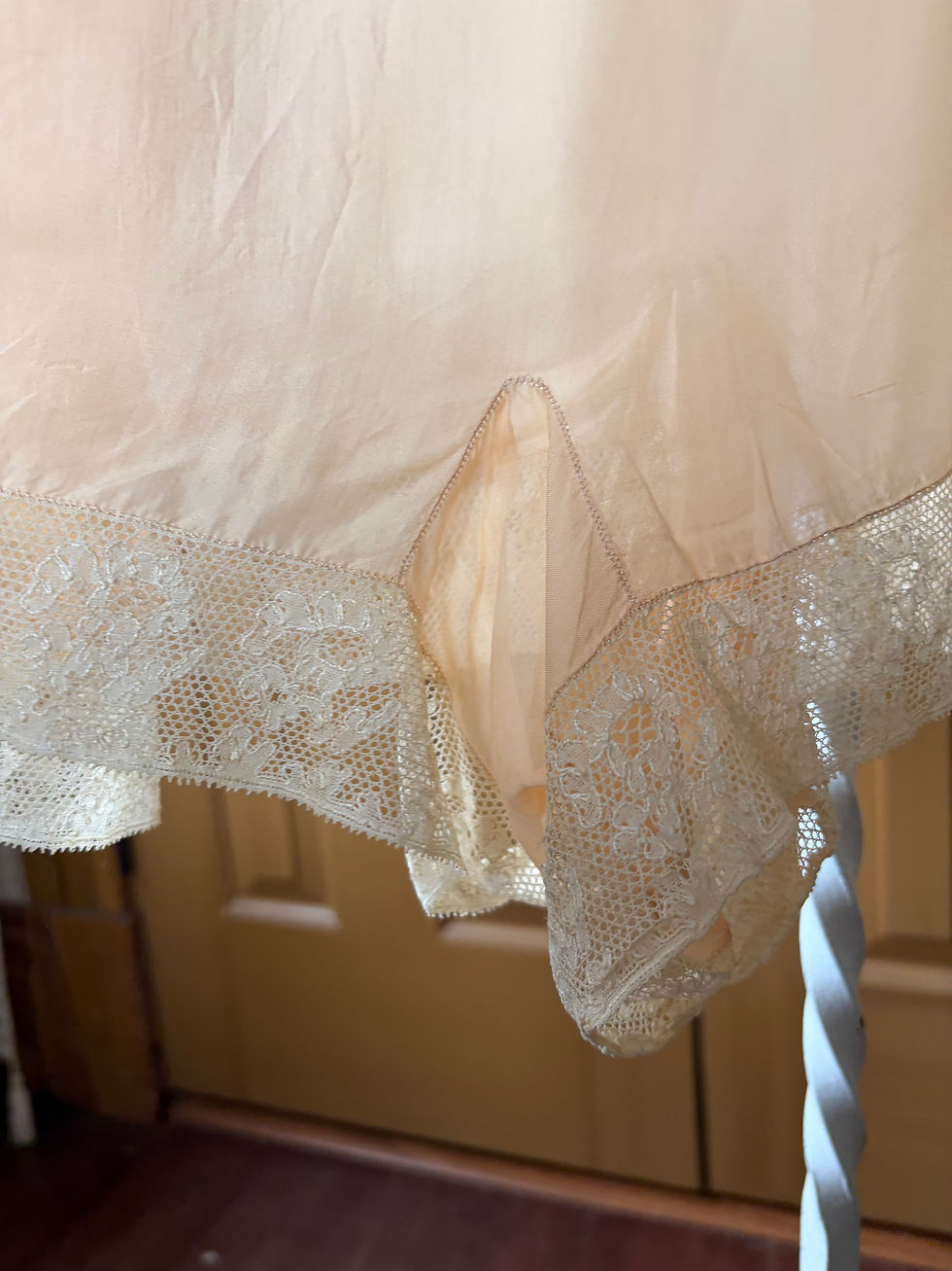 Thumbnail: SOLD 1920's Silk Lace and Embroidered Step In with Antique Floral Applique