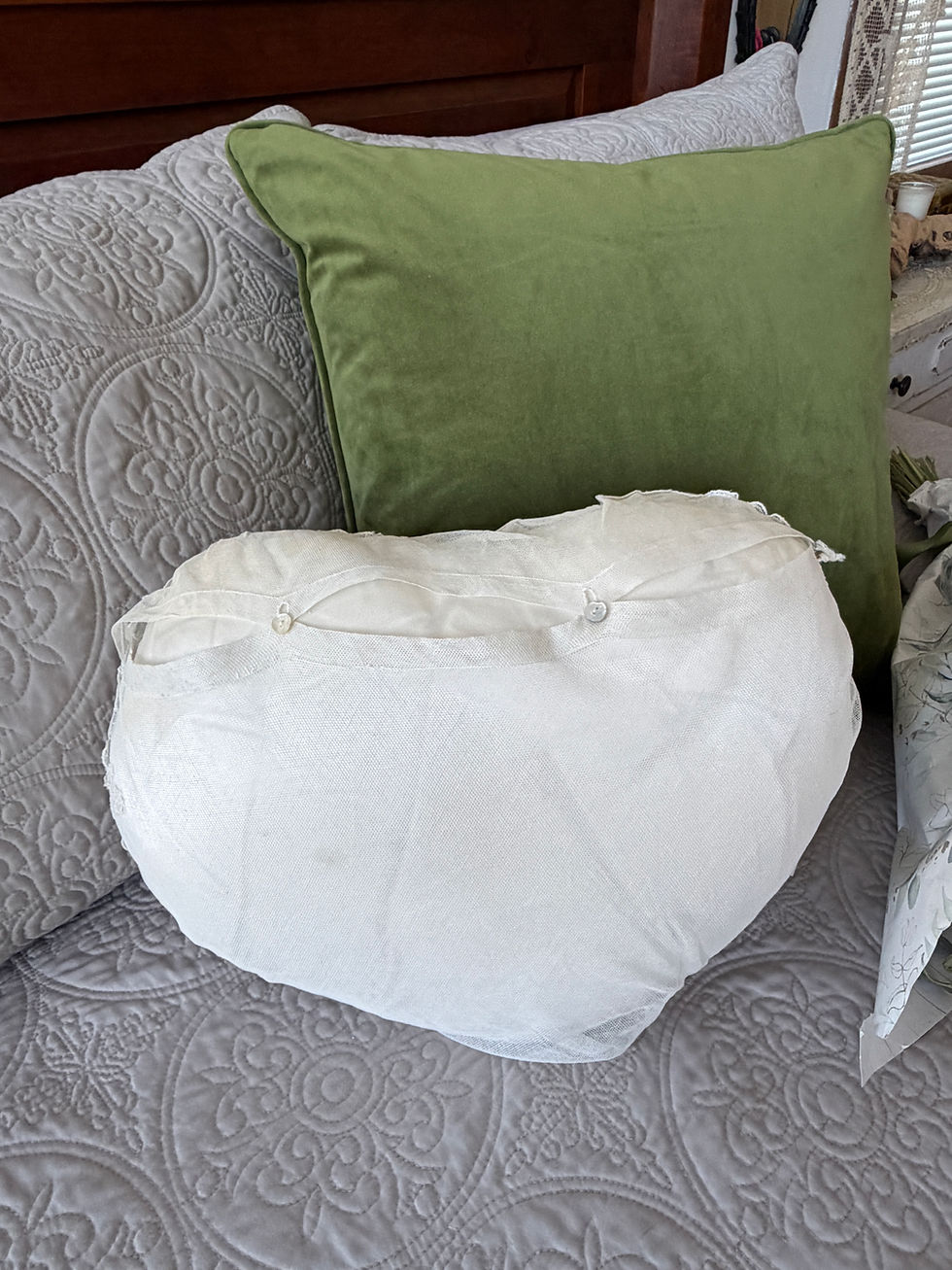 Thumbnail: Early 1900's Machine Embroidered Net Heart Boudoir Pillow w. Peacock and Cupids