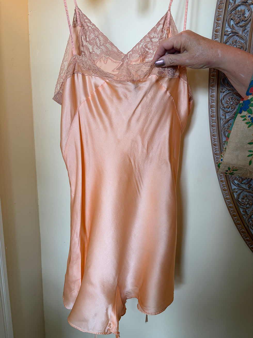 Thumbnail: Late 1920's- 30's Peach Silk Lace Step in with Embroidered Bodice and Silk Ties