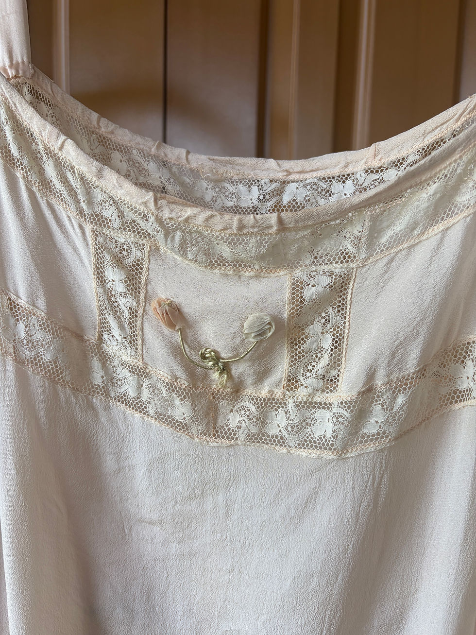 Thumbnail: 1920's Silk and Lace Step In with Ribbon Work Applique and Silk Straps