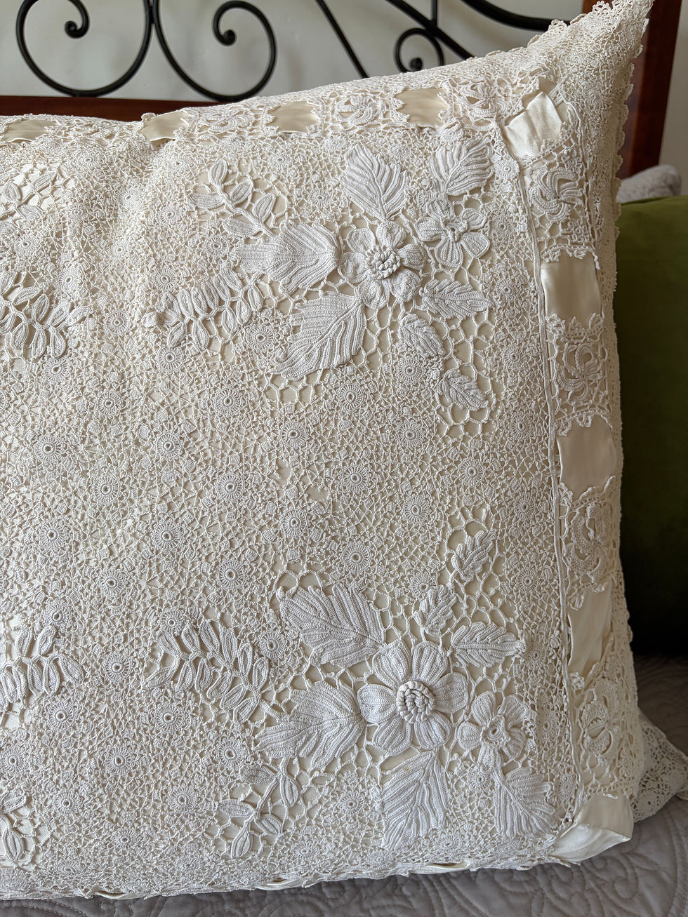Thumbnail: Large Irish Crochet Pillow with Satin Bow ca. 1910's