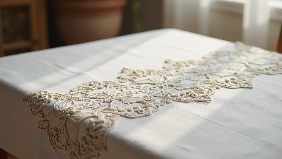 Close-up view of a beautifully crafted handmade linen tablecloth with intricate patterns