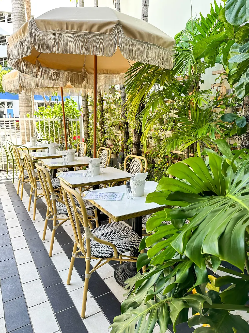 Outdoor dining area with tables under a beige umbrella, surrounded by lush greenery and a black-and-white checkered floor.