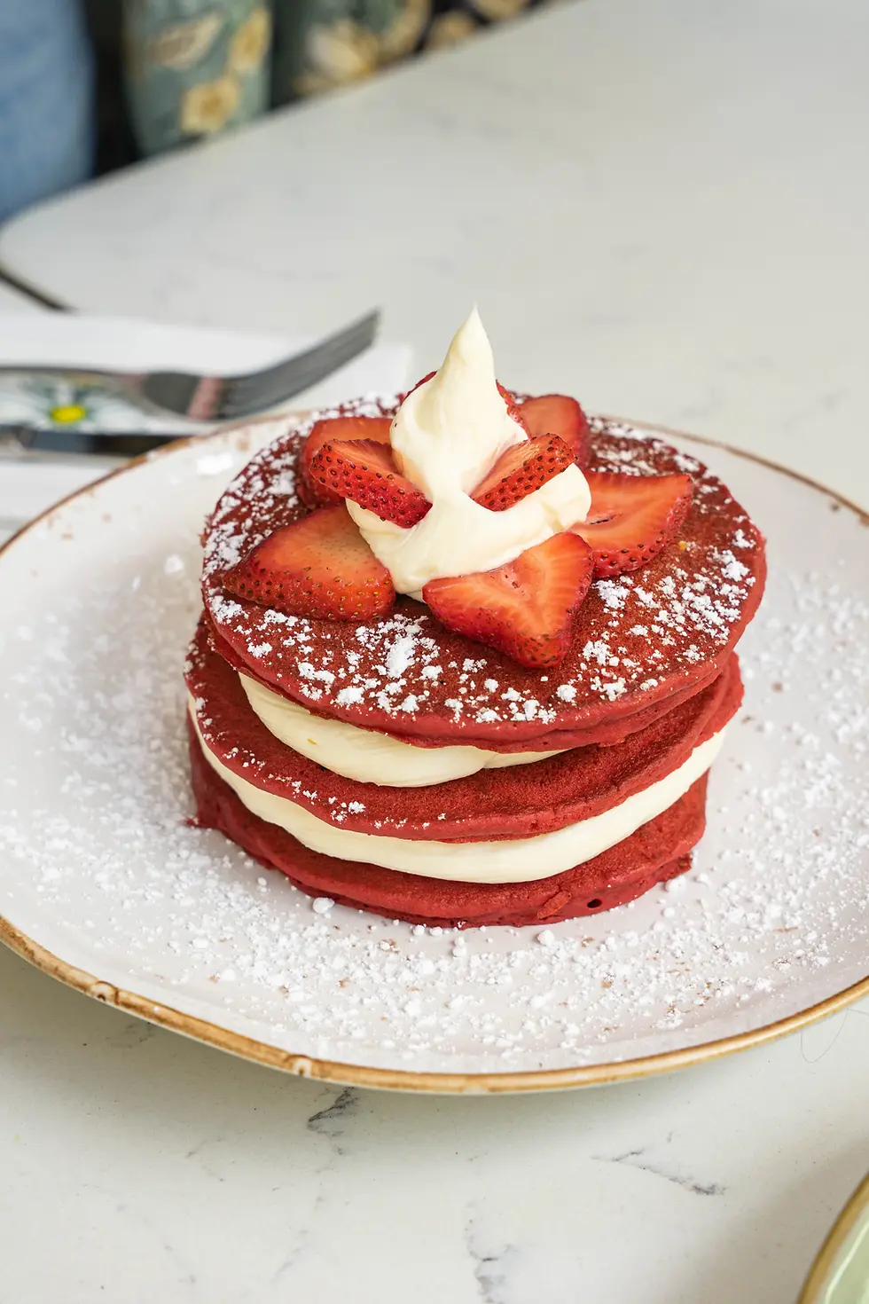 Red Velvet Pancakes at Café Bastille, perfect for couples enjoying a romantic brunch Miami Beach at the best brunch Miami Beach spot