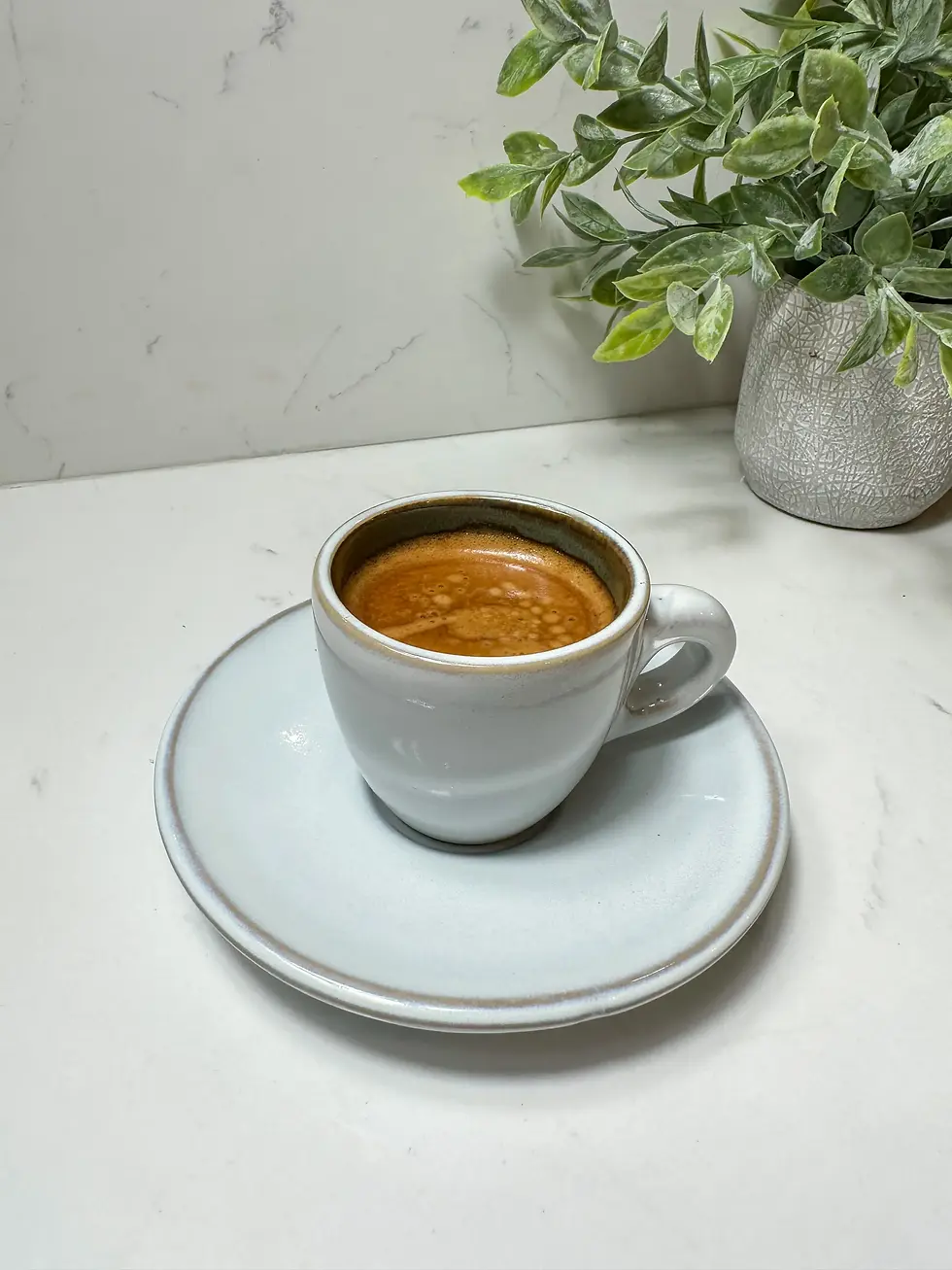 Freshly pulled espresso in a white cup on a saucer, served for casual brunch Riverwalk Fort Lauderdale