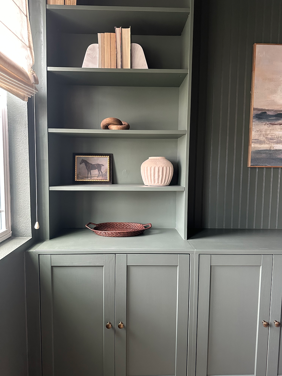 color drenching, home office, diy office, diy built ins, Ikea built ins, Ikea billy bookcase, Ikea hacks, green office, modern office, dark office, moody office