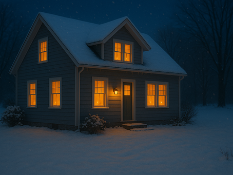 Snow-covered Wisconsin home glowing with warm lights on a winter evening — Accent Realty blog on how to prevent frozen or broken pipes.