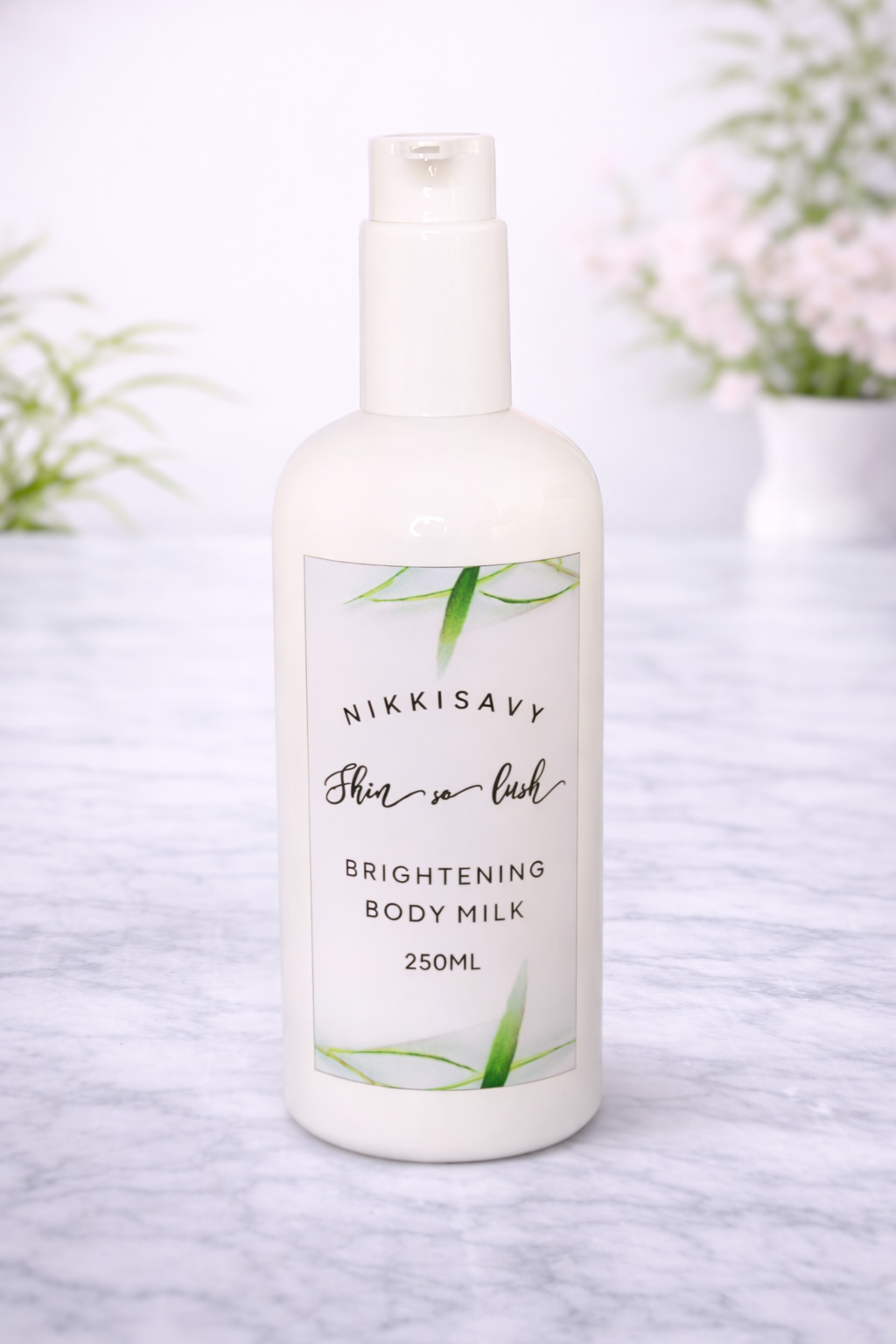 Nikkisavy Skin So Lush Brightening Body Milk formulated with vitamin C and antioxidants.