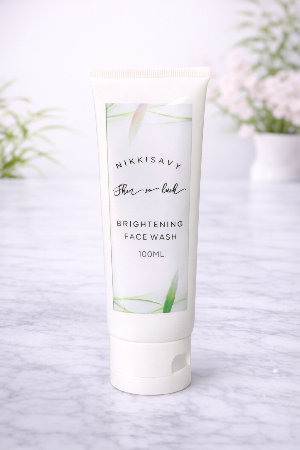 Nikkisavy Skin So Lush Brightening Face Wash formulated with glycolic acid and vitamin C.