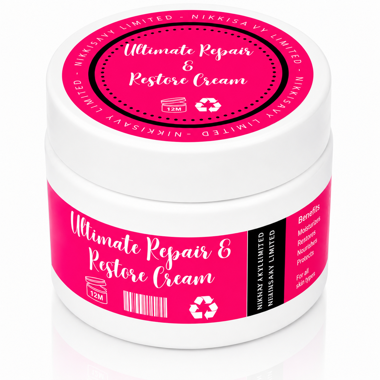 Nikkisavy Ultimate Restore & Repair Cream displayed in luxury packaging, designed to deeply hydrate and support skin barrier