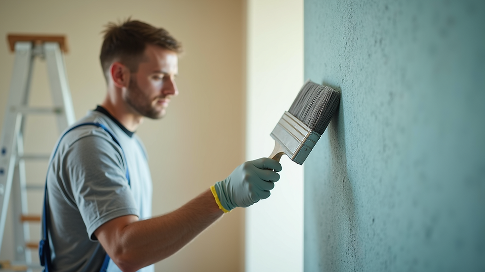 Eye-level view of a professional painter applying paint to a wall