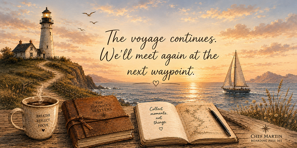 Closing illustration for Boarding Pass 365 Waypoints featuring a lighthouse, sailboat, journals, and coffee overlooking the sea at sunset, symbolizing reflection, guidance, and the continuation of the journey toward intentional living.