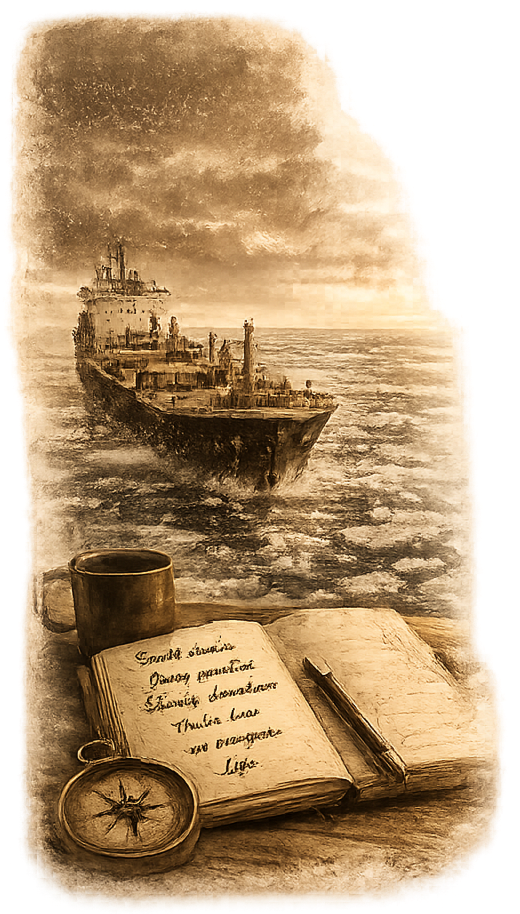 Boarding Pass 365 Waypoint illustration featuring a cargo ship navigating icy waters with a journal and compass, symbolizing intentional living, resilience, and navigating life’s challenges.