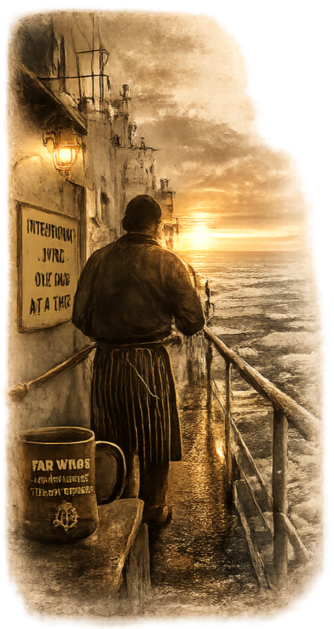 Vintage-style illustration of a ship’s cook standing on the deck at sunrise, looking toward the horizon with a cup of coffee, symbolizing reflection, perseverance, and the journey toward intentional living.
