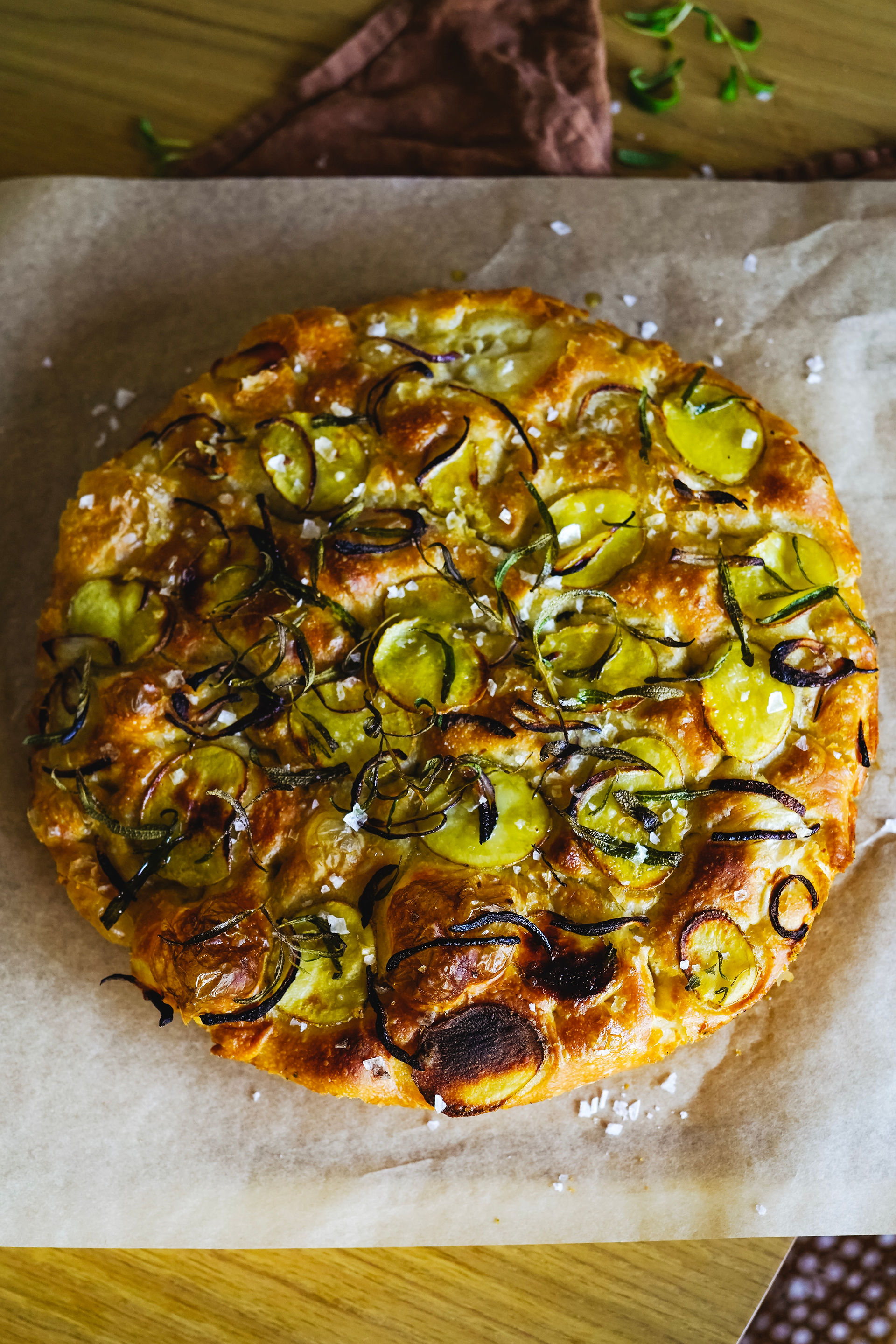 Potato, onion, and rosemary focaccia fresh out of the oven
