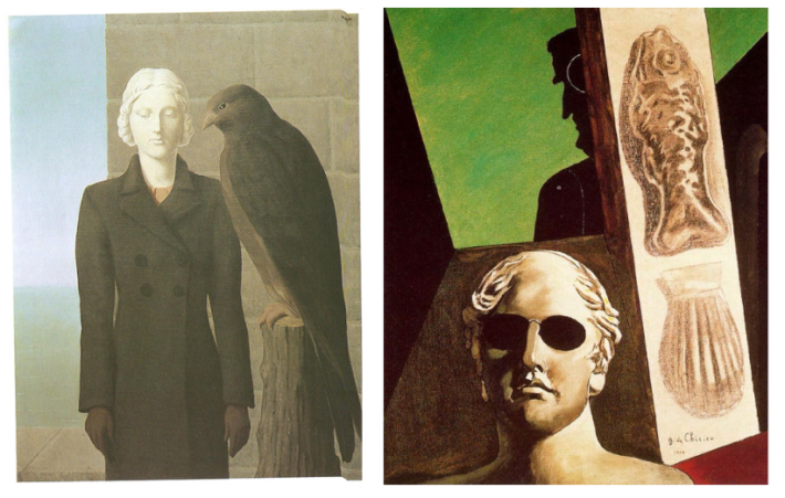 Links: René Magritte: Die tiefen Gewässer, 1941; rechts: Giorgio de Chirico: Porträt von Guillaume Apollinaire, 1914