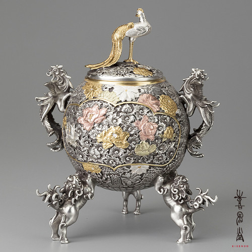 中国　玉石彫　彩色鍍金　神獣　大香炉　重さ約14㎏ V 4108C 銀製 玉型孔雀香炉(彩色) | 喜泉堂