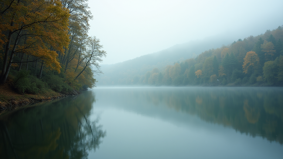 Eye-level view of a serene landscape with a calm lake and surrounding trees