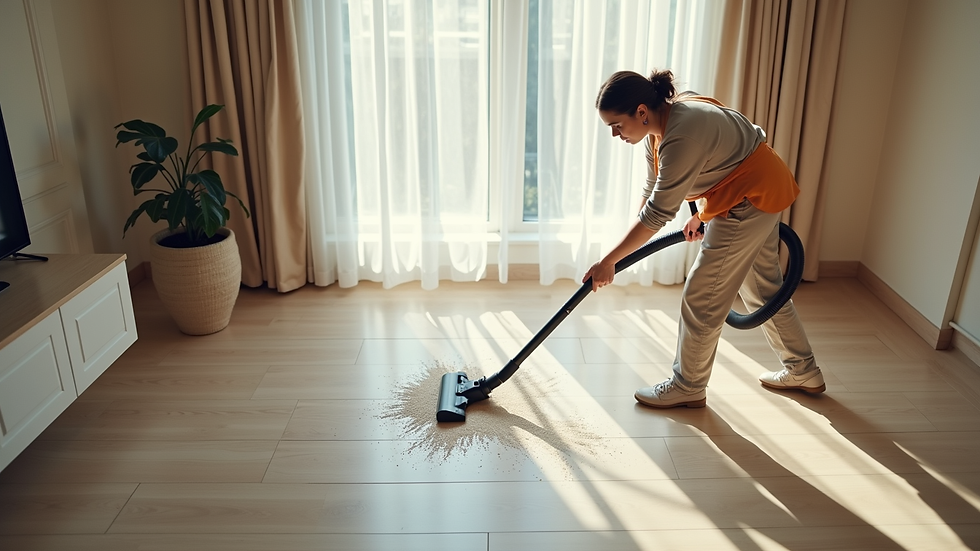 High angle view of a cleaning professional vacuuming a newly constructed living room floor