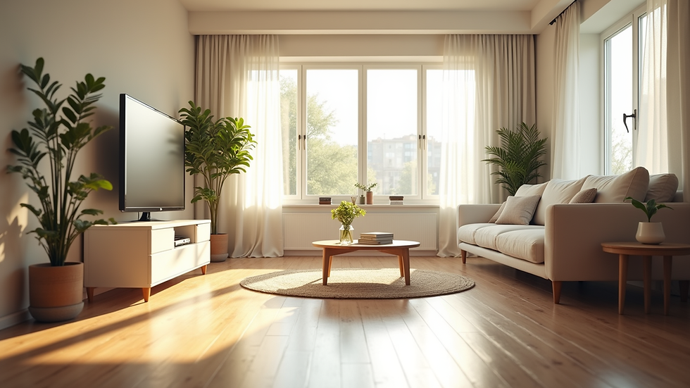 Eye-level view of a sparkling clean living room with sunlight streaming through windows