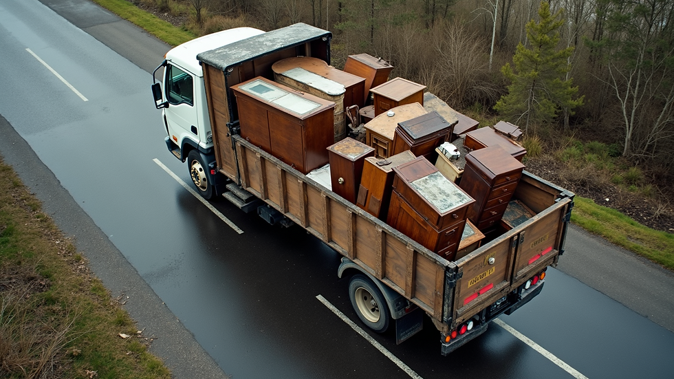 High angle view of a junk removal truck being loaded with old furniture