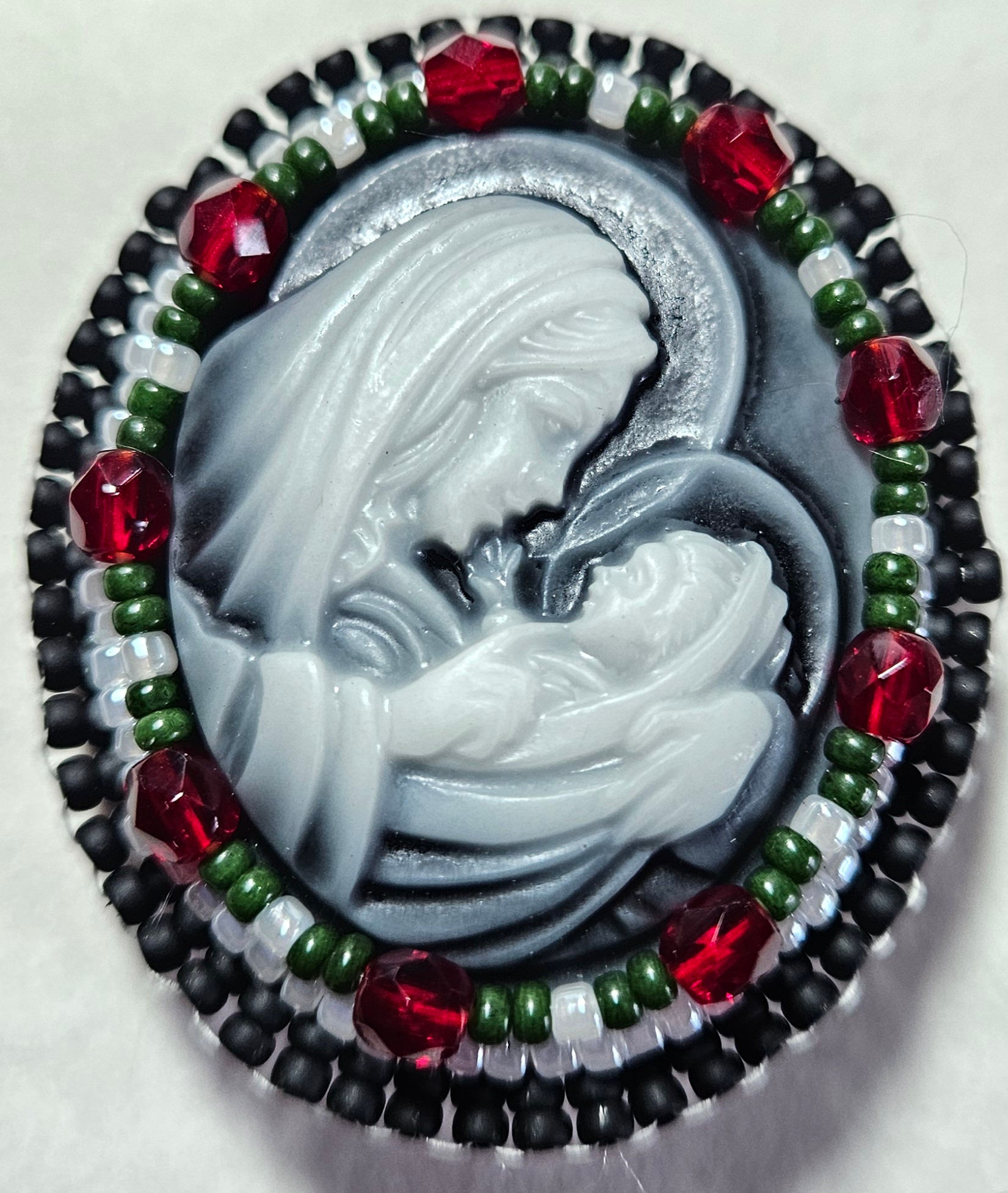 Mary and child beaded brooch