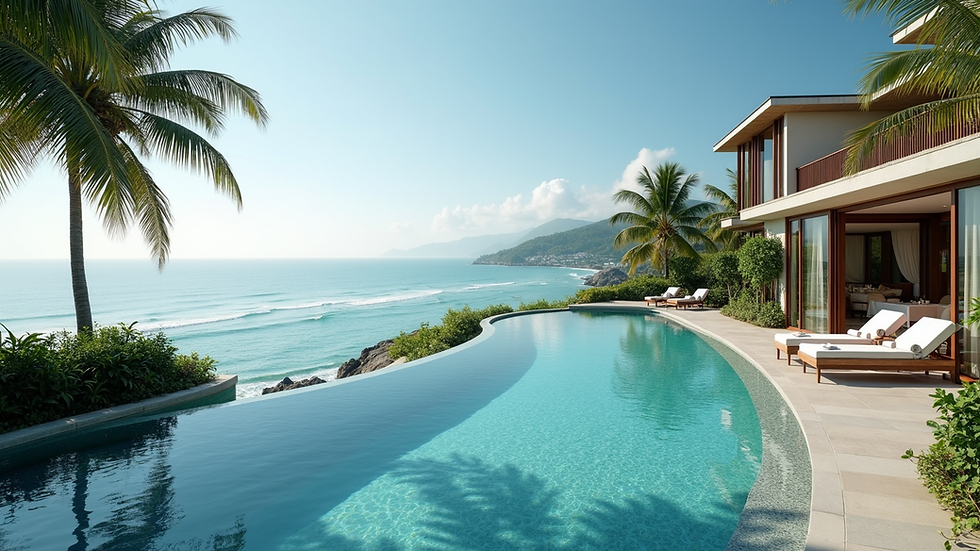 High angle view of a luxury resort pool overlooking the ocean